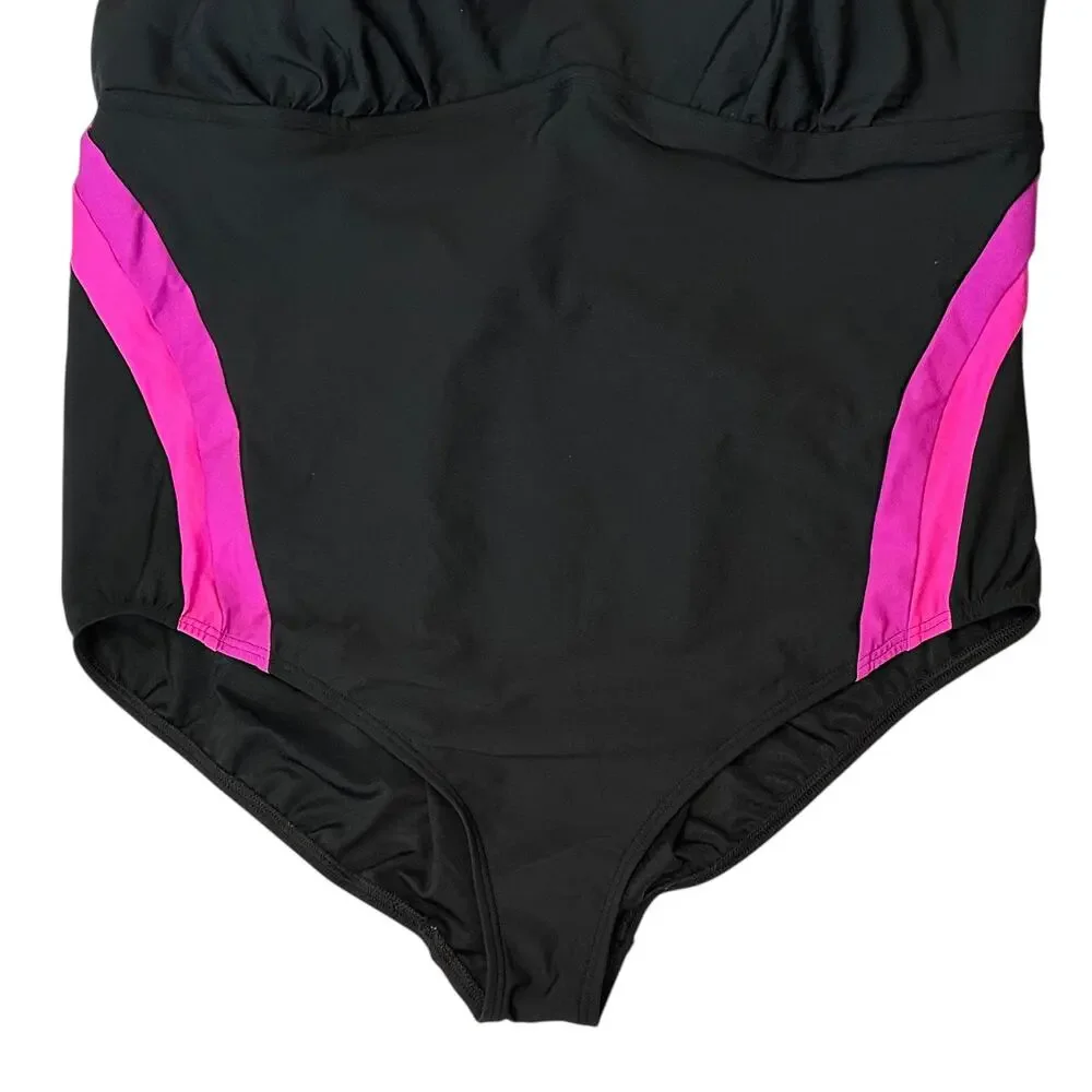 Lands' End Striped One Piece Swimsuit Black Pink Plus Size 24W